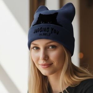 Navy Blue Judging You Silently Cat Beanie with Cat Ears